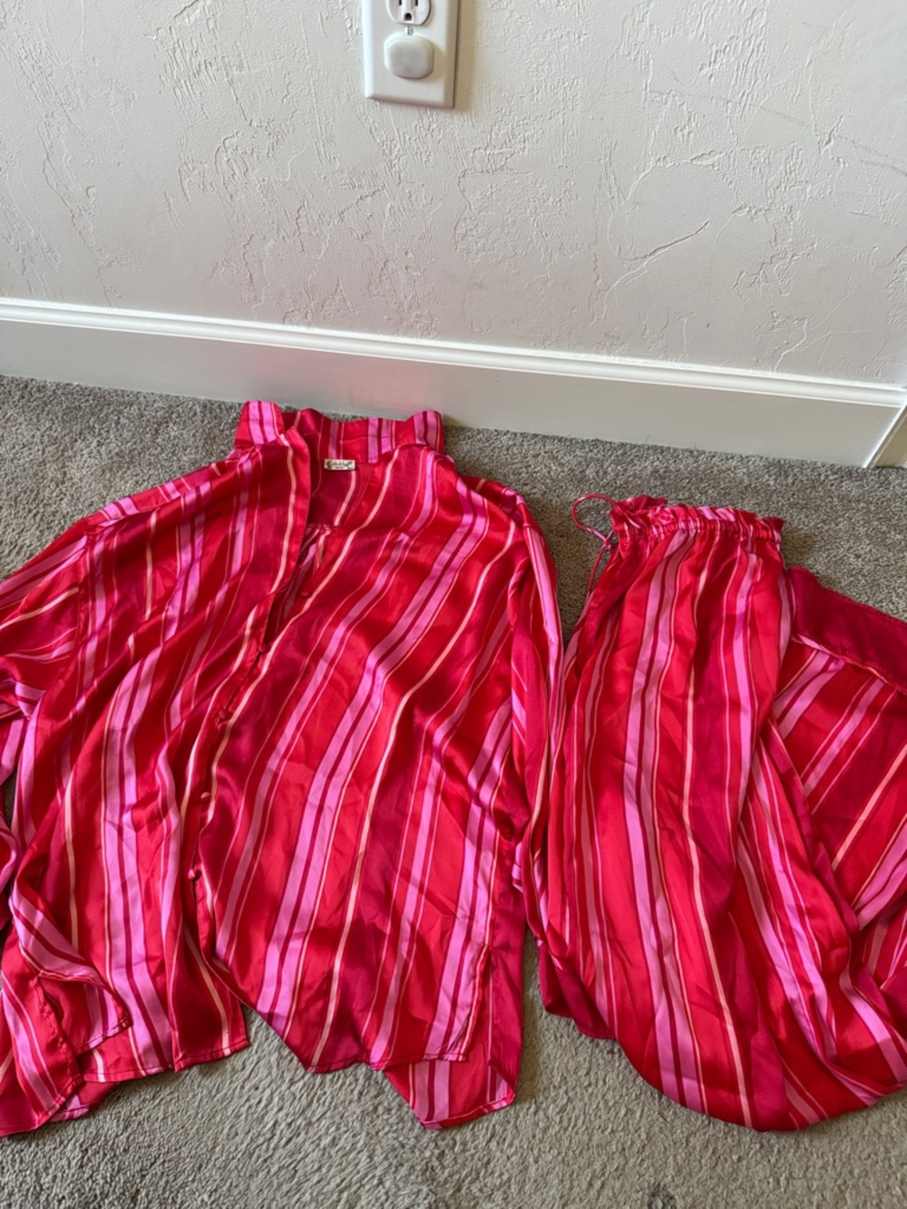 Free People Dreamy Days Pink & Red Striped Two-Piece Pajamas Set size small